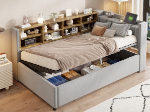 ModernLuxe Opbergbankbed 90×200 cm - met verlichting - met USB- en Type-C-poort - Fluweel - Grijs (zonder matras)