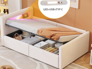 ModernLuxe Opbergbed 90×200 cm - met LED-verlichting - met USB-oplaadpunt - met planken - fluweel - beige (matras niet inbegrepen)