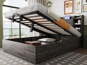 ModernLuxe Opbergbed van hout 140×200 cm - hoofdeinde met opbergruimte - met USB- + Type-C-poorten - grijs (matras niet inbegrepen)