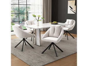 OKWISH Set van 4 draaibare eetkamerstoelen, beige fluweel, stoel met gestoffeerde rugleuning, zwarte metalen poten