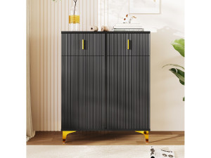 OKWISH Zwarte schoenenkast met lades, getextureerde deuren, verstelbare planken en gouden handgrepen en poten - elegant design