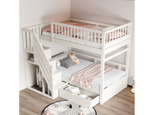 Massief houten stapelbed 90x200 cm met opbergladder, uitvalbeveiliging en opberglades, wit (205x95x173 cm)