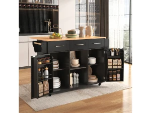 Merax Ilha de cozinha sobre rodas - 139 x 46/71 x 91,5 cm - tampo dobrável + 2 portas + 3 gavetas - MDF - preto