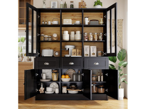 Merax Hoge keukenkast - 140 x 38,5 x 175 cm - met 3 laden + 5 deuren - MDF - zwart