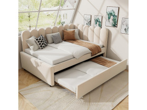 L-vormige slaapbank 140x200 cm met bloemenhoofdeinde en opklapbed, beige fluweel (205x148x90 cm)
