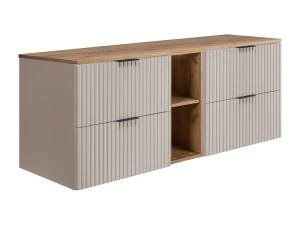 Armário de casa de banho ranhurado FLOW 140 cm cor cashmere com estante e tampo carvalho dourado