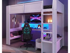 ModernLuxe Hoogbed 90×200 cm - met bureau - met LED-verlichting - met 1 lade - met plank - wit (zonder matras)