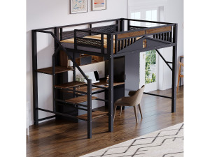 Merax Metalen hoogslaper - 140 x 200 cm - met leuning + veiligheidsladder - hout + metaal - zwart