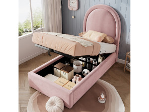 Kinderbed 90x200, Eenpersoonsbed met kosmisch patroon, roze PU voor jongens en meisjes (zonder matras)