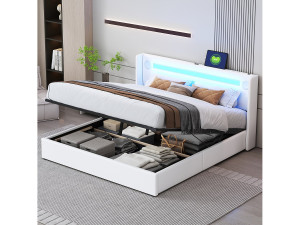 Opbergbed 160x200 cm, LED, Bluetooth-speler, USB-aansluiting, PU-bekleding, hydraulische opberging, tweepersoonsbed met lattenbodem, wit