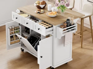 ModernLuxe Ilha de cozinha móvel 131.2x46.2x92.7cm - com rodas - 3 gavetas e 3 portas - bancada extensível - com toalheiro - branco