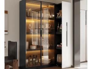 ModernLuxe Vitrine 110,5×35×160 cm - 2 portas de vidro - 1 gaveta lateral - com iluminação LED - preto + branco