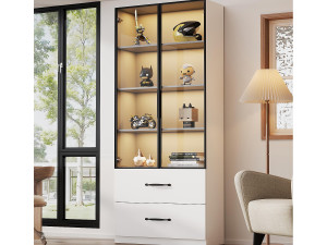 ModernLuxe Vitrinekast 60×40×160 cm - met LED-verlichting - 2 glazen deuren en 2 laden - aluminium frame - wit