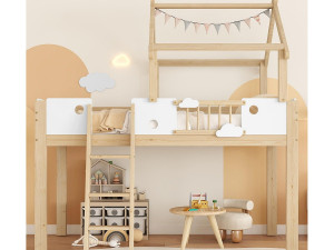 ModernLuxe Hoogbed 90×200 cm - met huisvormig design en hekwerk - trap met 3 treden - massief hout + MDF - naturel