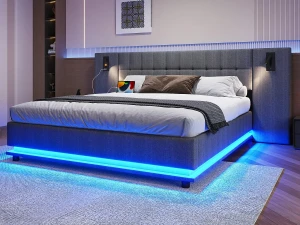 ModernLuxe Cama de casal estofada 180×200 cm - com fita LED - cabeceira com spots - com porta USB - linho - cinza (sem colchão)