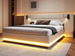 ModernLuxe Cama de casal estofada 180×200 cm - com fita LED - cabeceira com spots - com porta USB - linho - bege (sem colchão)