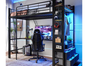 ModernLuxe Hoogbed 90×200 cm - met bureau + wasrek - 4 laden - USB/TYPE-C-poorten - LED-lichtstrip - zwart