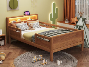 ModernLuxe Massief houten bed 90×200 cm - met USB + Type-C - met LED-nachtlampje - naturel (zonder matras)