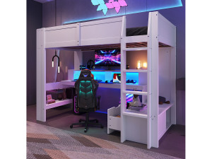 Merax Kinderhoogslaper - 90 x 200 cm - met bureau + LED's + 1 lade + planken - grenen - wit
