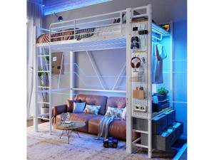 Merax Kinderhoogslaper - 90 x 200 cm - ijzeren structuur - met planken + 4 lades + LED's - metaal - wit