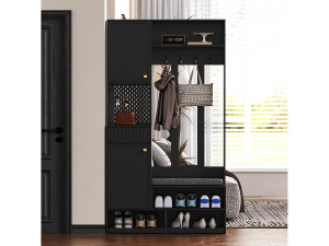 OKWISH Halkapstok met gestoffeerde bank, 4 haken, lades en deuren - zwart - 100x35x180 cm