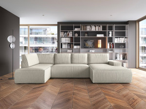 Unique Gran sofá rinconera derecha panorámico y convertible de pana beige AMELIA