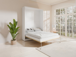 Vente-unique Bedkast 160 x 200 cm - Verticale handmatige opening - Naturel en wit + Matras - BEGANIO
