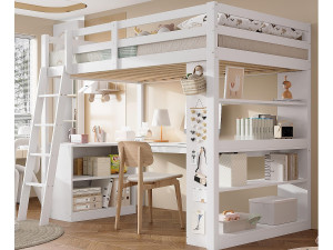 ModernLuxe Hoogbed 90×200 cm - met bureau - met opbergplank - met veiligheidsladder - massief hout + MDF - wit (zonder matras)