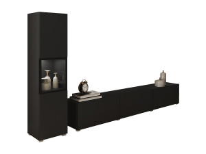 Woonwand voor de woonkamer, hangend en staand, 2 delig, TV meubel 180 cm en vitrinekast, corpus en fronten zwart mat