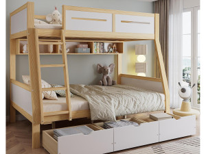 ModernLuxe Houten stapelbed 90×200 cm + 120×200 cm - met ladder en 3 laden - wit + naturel (zonder matras)