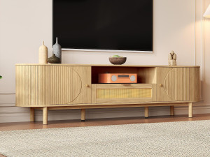 ModernLuxe Modern TV-meubel 175×36×51 cm - met 2 deuren en 1 rotan lade - open planken - naturel