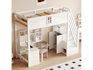 Merax Kinderhoogslaper - 90 x 200 cm - met opbergtrap + raam + kledingkast - hout + MDF - wit