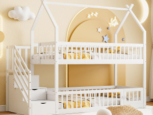 ModernLuxe Kinder stapelbed 90×200 cm - met veiligheidsladder en 3 laden - wit (matras niet inbegrepen)