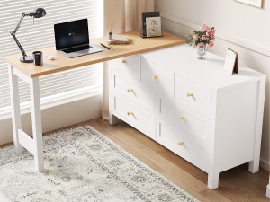 ModernLuxe Hoekbureau 120×40×70 cm - met 7 laden - 2-in-1 design - 360° draaibaar blad - FSC-gecertificeerd - wit + naturel