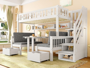 ModernLuxe Hoogbed 90×200 cm - Bed en bureau 2 in 1 - Trap met opbergruimte - Met veiligheidshek - Wit (matras niet inbegrepen)