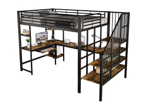 ModernLuxe Hoogbed 120×200 cm - met oplaadpunt - met bureau en opbergplank - Metaal + MDF - zwart + naturel