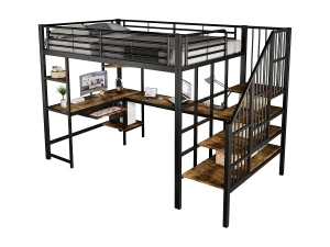 ModernLuxe Cama mezanino 120×200 cm - com porta de carregamento - com escrivaninha e prateleira de armazenamento - Metal + MDF - preto + natural