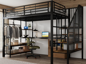 ModernLuxe Hoogbed 120×200 cm - met oplaadpunt - met bureau, opbergplank en kledinghaak - Metaal + MDF - zwart + naturel