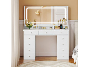 DripeX Kaptafel met grote spiegel en LED-verlichting, stopcontact + USB, helderheid instelbaar, 11 Lades, Wit, 110x40x135cm