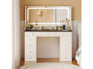 DripeX Kaptafel met grote spiegel en LED-verlichting, stopcontact + USB, helderheid instelbaar, 11 Lades, Chocoladebruin, 110x40x135cm