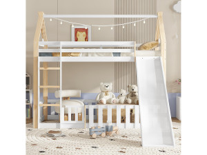 Merax Kinderstapelbed - 90 x 200 cm - met glijbaan + hek + ladder - grenen + MDF - wit