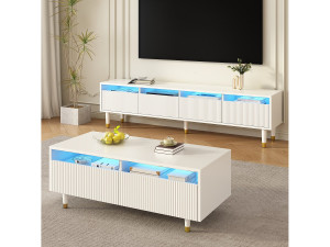 Merax TV-meubelset met 4 lades + salontafel met 2 lades - met LED's - MDF - wit