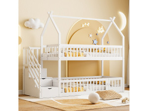 Merax Kinderstapelbed - 2 x 90 x 200 - met opbergtrap + hekken + dak - hout - wit