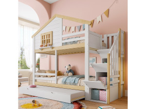 Merax Kinderstapelbed - 2 x 90 x 200 cm - met uitschuifbed 90 x 190 cm - opbergladder - MDF - wit