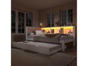 Merax Kinderslaapbank - 90 x 200 cm - met uitschuifbaar bed 90 x 190 cm - met LED-verlichting + plank - hout - wit