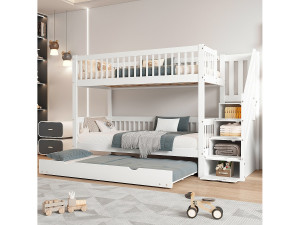 Merax Stapelbedden - 2 x 90 x 200 cm - met uitschuifbed 90 x 190 cm - opbergtrap - MDF - wit