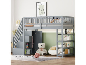 Merax Kinderhoogslaper - 90 x 200 - met hek + kledingkast + opbergplanken - hout - grijs
