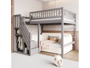 Merax Kinderhoogslaper - 140 x 200 cm - trap met opbergruimte - hout - grijs