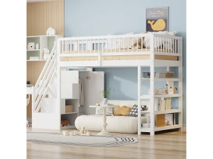 Merax Cama alta infantil - 90 x 200 - com cerca + guarda-roupa + prateleiras de armazenamento - madeira - branco