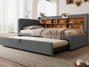 ModernLuxe Slaapbank 90×200 cm - met opbergbed - USB + Type-C aansluiting - met plank - linnen - grijs (matras niet inbegrepen)
